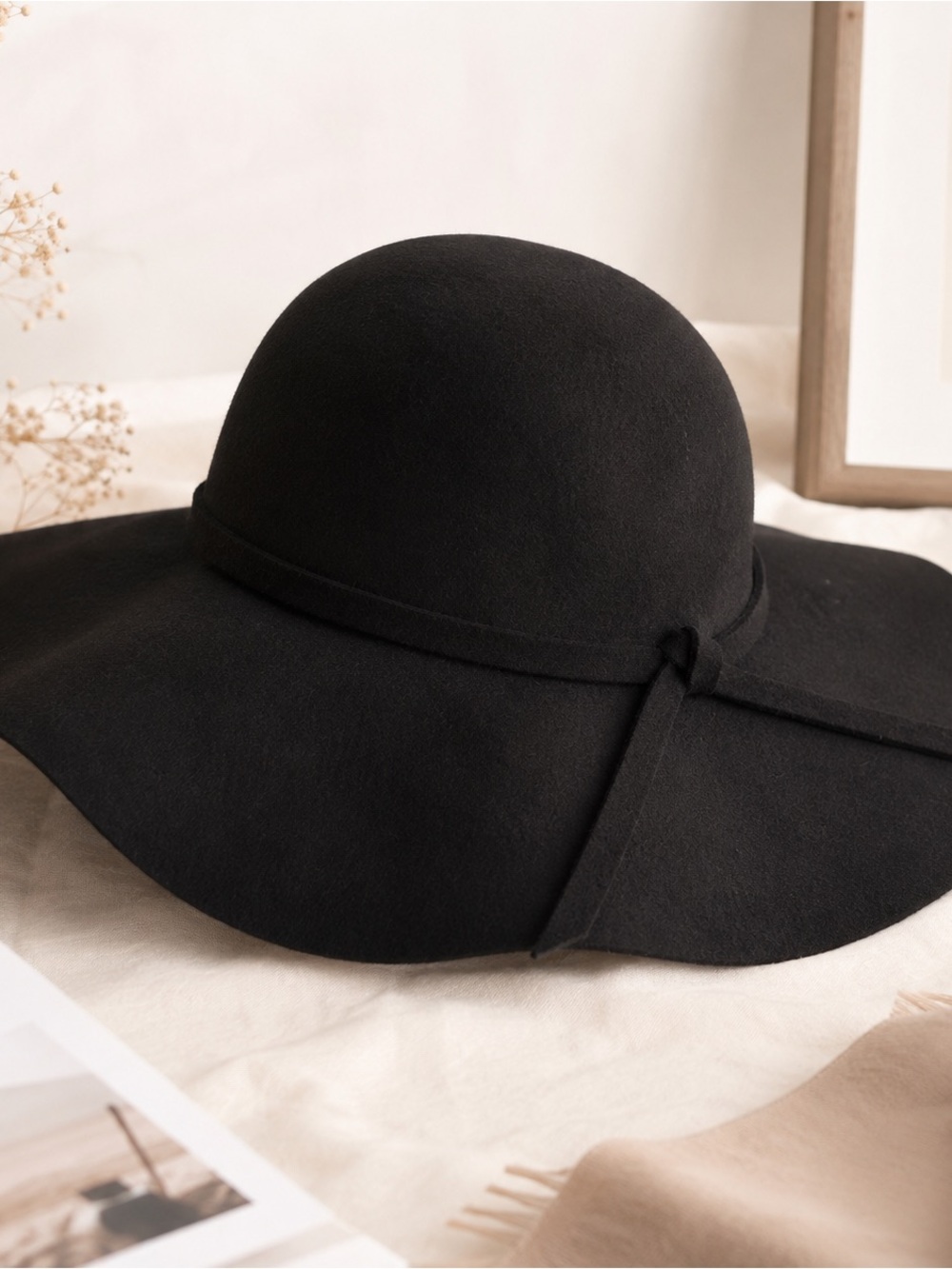 100% Wool Black Wide Brim Floppy Hat Bow Detail